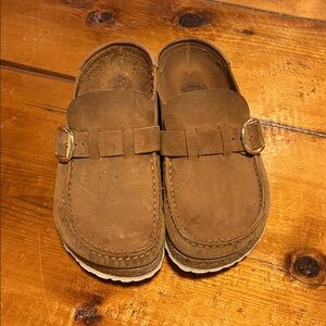 Birkenstock Tan Suede Slip-Ons with Gold Accents